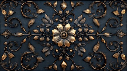 Ornate Gold Floral Pattern on Dark Blue Background