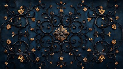 Ornate Golden Floral Pattern on Dark Blue Background