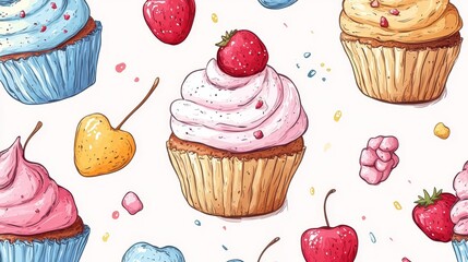 Colorful Cupcakes and Berries Seamless Pattern Illustration