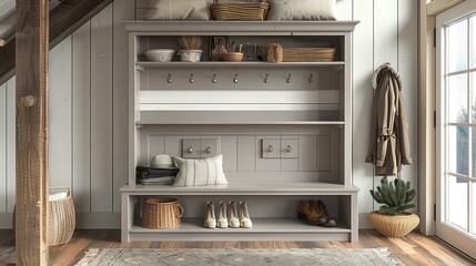 Light Gray Wooden Hall Tree with Open Shelving and Coat Hooks, Residential Interior Style, Wide Shot, High Definition