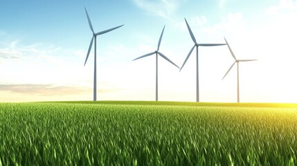 Wind Turbines in Green Field with Sunny Sky