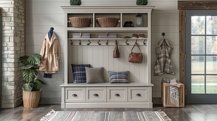 Light Gray Wooden Hall Tree with Open Shelving and Coat Hooks, Residential Interior Style, Wide Shot, High Definition