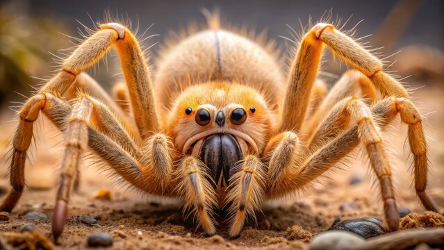 The camel spider's hairy legs sprawl across the lens, its black eyes reflecting the surrounding environment with an