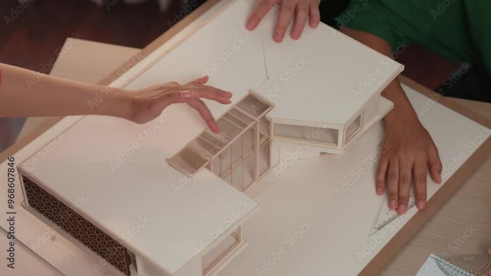 Poster slow motion home designer using architectural equipment review and measure architectural house model