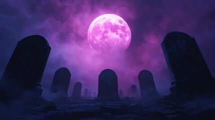 Mysterious graveyard scene under a vibrant purple moon, surrounded by misty fog, perfect for Halloween or eerie themes.
