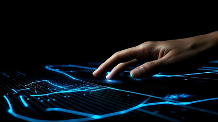 Fototapeta premium Human hand touching hologram screen with finger with glowing polygonal wireframe on dark background generative AI.