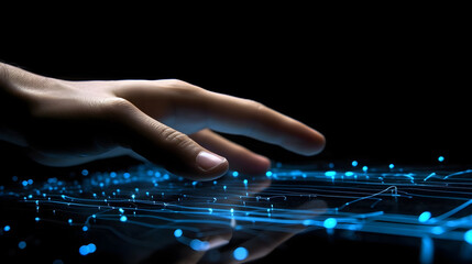 Fototapeta premium Human hand touching hologram screen with finger with glowing polygonal wireframe on dark background generative AI.