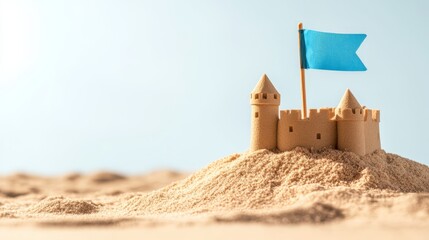 Sandcastle with Blue Flag on Beach