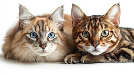 Detailed image of a Siberian Husky with striking blue eyes standing beside a Bengal Cat with its signature spotted coat The white background highlights their beautiful fur patterns