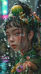 A serene portrait of a girl surrounded by bubbles and aquatic elements, evoking tranquility.