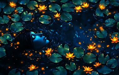 A serene and enchanting scene with a tranquil figure submerged in water surrounded by glowing lilies and a mystical ambiance.