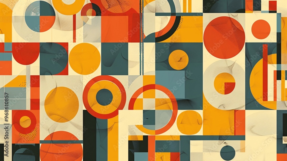 Aufkleber abstract geometric pattern with circles squares and rectangles in red yellow orange and blue