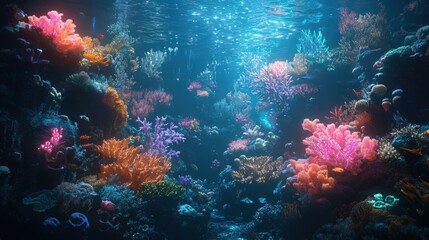 Fototapeta premium A colorful underwater scene with many different types of fish and coral