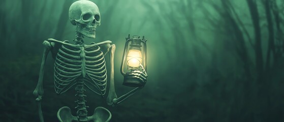 A spooky skeleton holding a lantern, set in a mysterious forest. Perfect for Halloween or creepy themes.