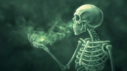 A detailed illustration of a skeleton exhaling green smoke, embodying themes of mystery and the supernatural.