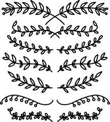 Set of hand drawn leaves, branches, flowers, flourishes. Design element for banner, sign, poster, decoration. Vector illustration