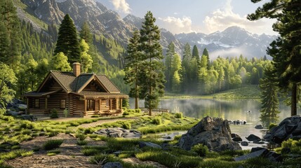Fototapeta premium Rustic Log Cabin in Mountain Lake Forest Landscape