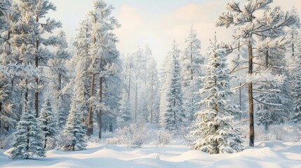 A snowy forest with trees covered in snow