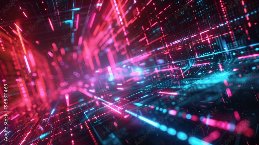 Poster abstract neon lines and grids in a cyber space tunnel