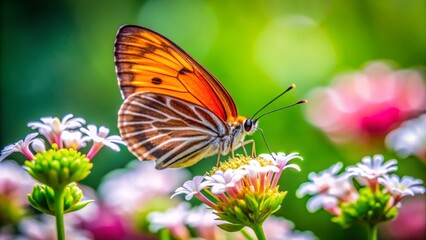 Naklejka premium Tiny vibrant butterfly with delicate wings perched on a blooming flower in lush greenery