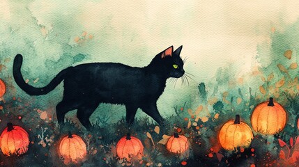 A whimsical black cat walking among vibrant pumpkins, set in a dreamy watercolor landscape, perfect for autumn-themed decor.