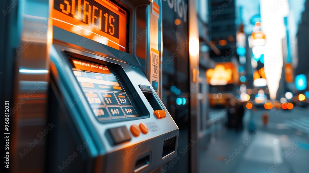 Poster a close-up view of an atm in a vibrant urban setting, showcasing modern design and illuminated displ