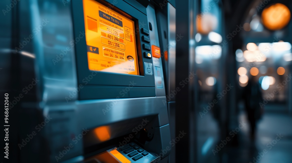 Poster a close-up view of an atm machine with an illuminated screen, showcasing modern banking technology i