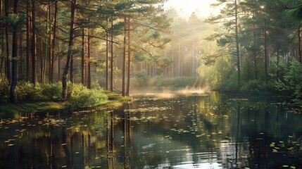 A forest with a river running through it