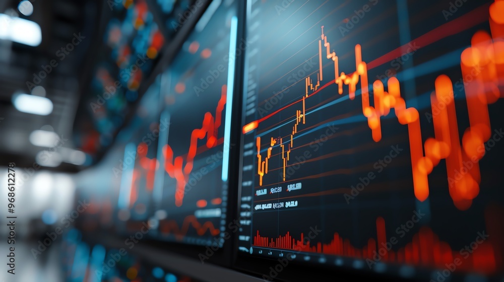 Poster close-up of stock market data displays showing fluctuating graphs and trends in a modern financial t