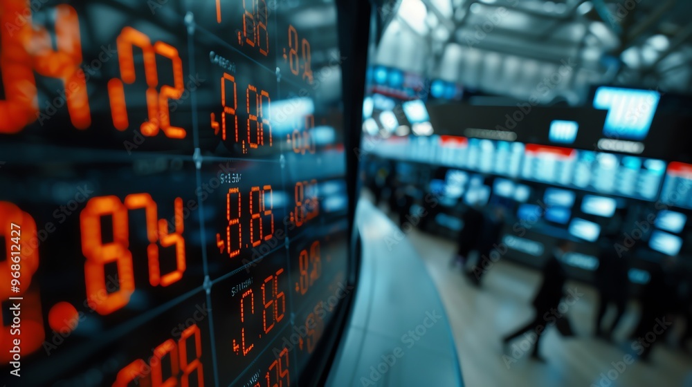 Poster dynamic stock market display showing real-time data and price changes with traders in action, illust
