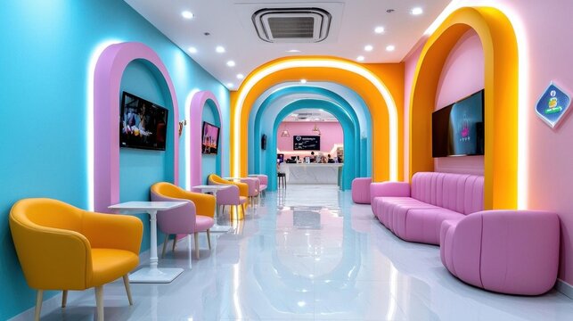 A bright pastel-colored business lounge with modern furniture and a calm professional vibe