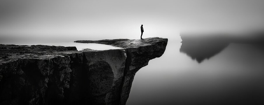 Serene, black and white photograph of a solitary figure standing on a rocky cliff overlooking the ocean, minimalist, solitude, contemplation, visual simplicity :: stark contrast, serene ambiance,
