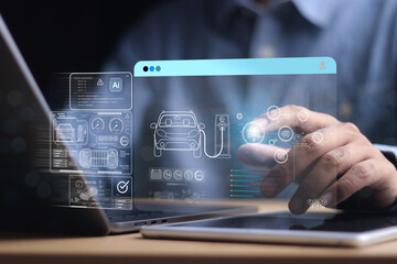 Industrial Engineer and AI, Artificial Intelligence concept, Manager Technical Industrial Engineer people and control robotics with monitoring system software and icon industry, Car EV technology