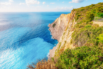Zakynthos, Greece. Navagio Beach with wrecked ship in Ionian Sea. Beautiful views of azure sea water and nature with cliffs cave.