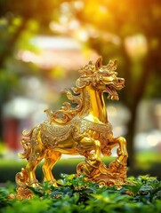 Fototapeta premium A golden statue of a mythical horse amidst greenery, symbolizing prosperity and culture.