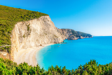 Beach of Port Katsiki with turquoise shining ocean on the island of Lefkada, Ionian Sea, Greece