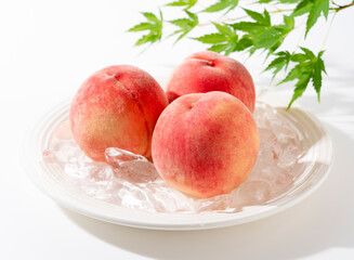 Cut peaches and ice on a plate on white background.