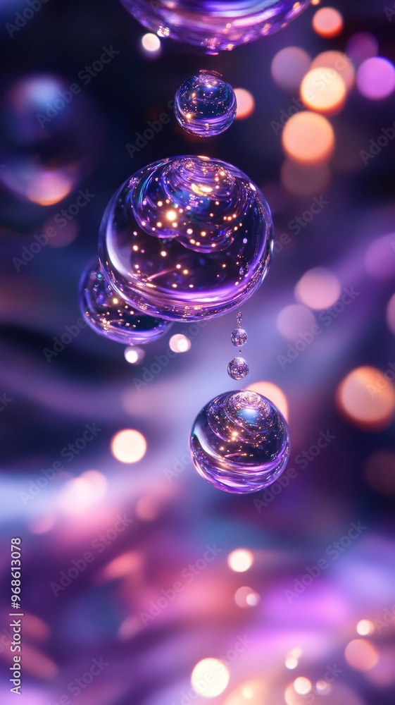 Poster glowing soap bubbles with colorful bokeh background, abstract fantasy concept