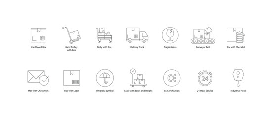 Vector icon set for logistics and packaging. Includes icons like cardboard box, delivery truck, fragile glass symbol, conveyor belt, and more. Minimalist line.