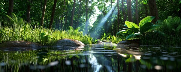 Fototapeta premium Serene, peaceful forest scene with towering trees, dappled sunlight, and a babbling brook, realistic, nature's tranquility