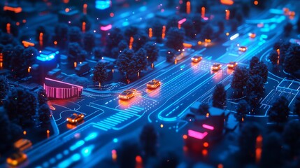 3D render of a smart city with flying taxis and autonomous vehicles navigating complex road networks