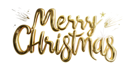3D Text ‘Merry Christmas’ written in gold glitter on transparent background