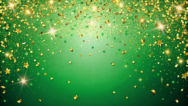 Vibrant green background adorned with shining gold confetti for a festive celebration