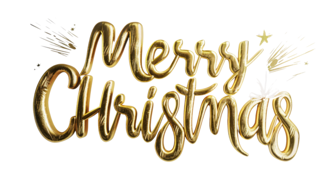 3D Text ‘Merry Christmas’ written in gold glitter on transparent background