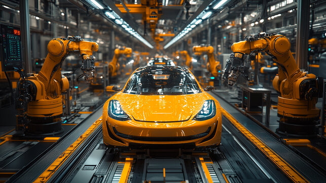 A modern manufacturing facility featuring a yellow car surrounded by advanced robotic machines and automated production lines.
