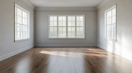 Obraz premium Empty room in a property with white walls, wooden floors and windows providing natural lightning. Residential Real Estate mockup image.