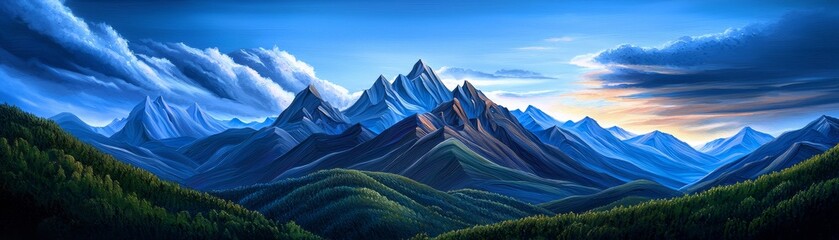Fototapeta premium Tranquil, acrylic painting of a serene mountain landscape, atmospheric, visual serenity