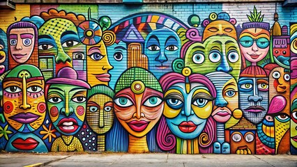 Colorful street art graffiti with doodle faces and geometric background