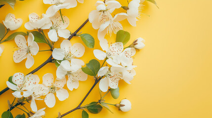 Spring creative layout with white flowers on a bright yellow background. 80s, 90s retro romantic...