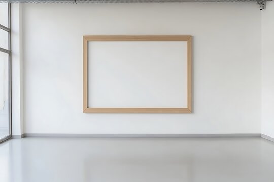 A minimalist-style photo featuring a large, thick wood picture frame on a white wall, crafted from light-colored wood with a simple rectangular shape, elegant and modern, clean and spacious